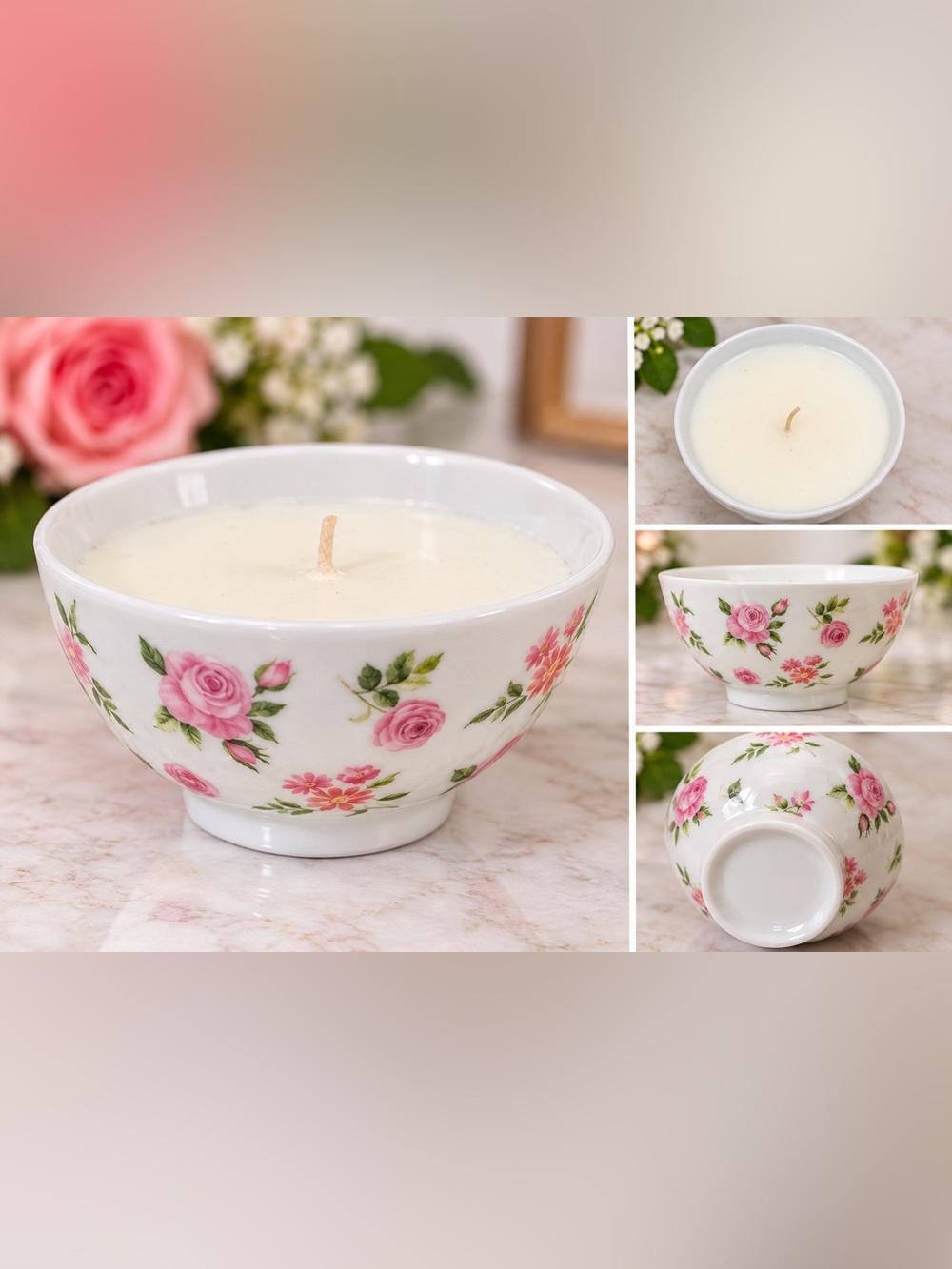 Floral Pink Rose Porcelain Bowl Candle - Unbranded